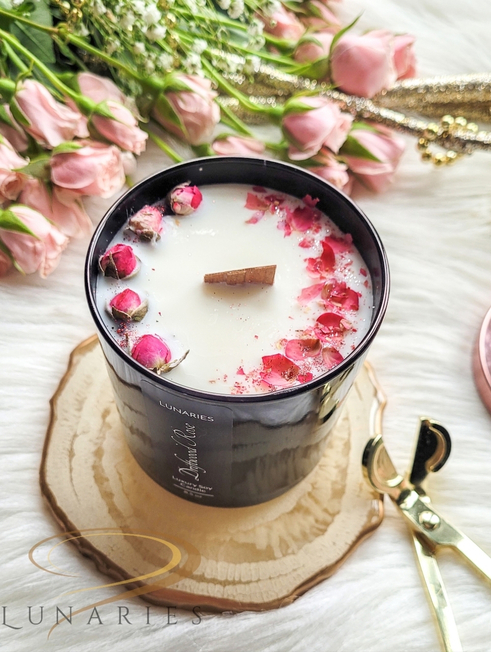 Driftwood Rose Soy Wax Candle with Wooden Wick and Botanicals